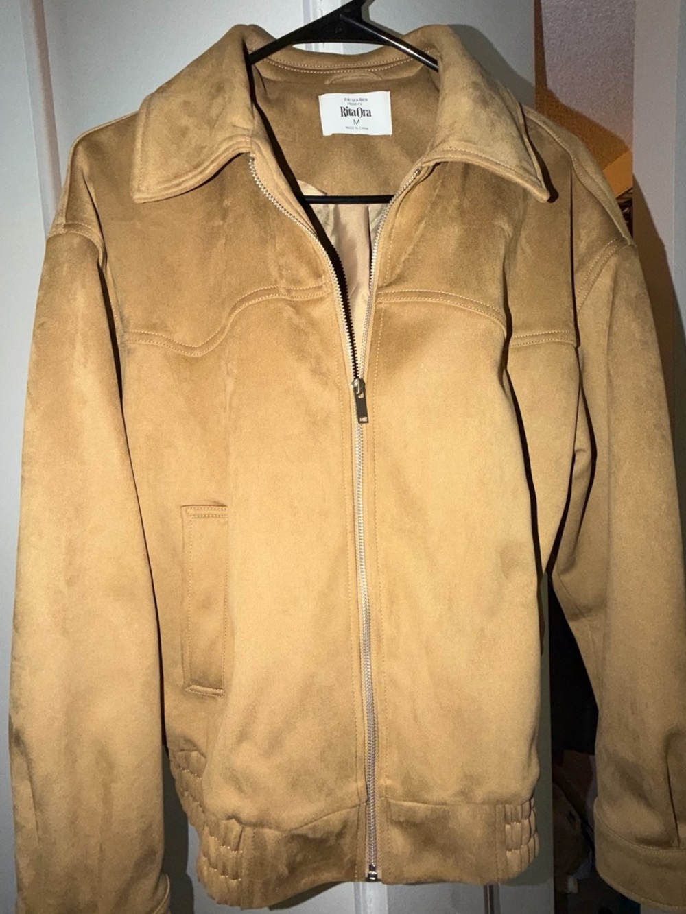 Zip-Front Suede Jacket in Tan
